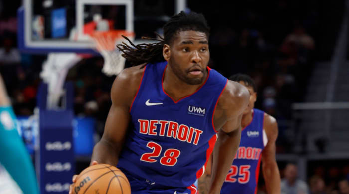 Jan 24, 2024; Detroit, Michigan, USA; Detroit Pistons center Isaiah Stewart (28) dribbles in the first half against the Charlotte Hornets at Little Caesars Arena.
